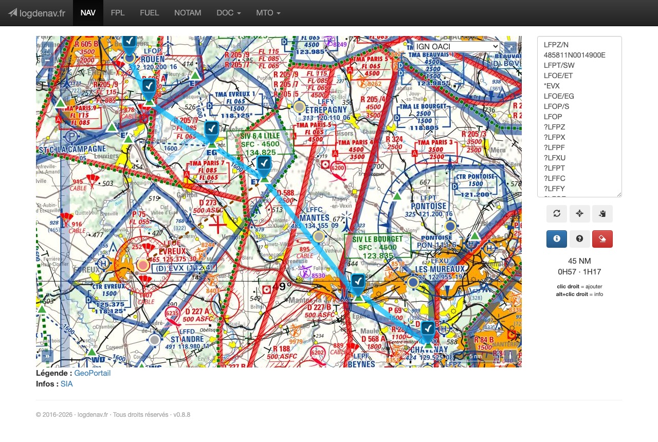 La route tracée sur la carte OACI